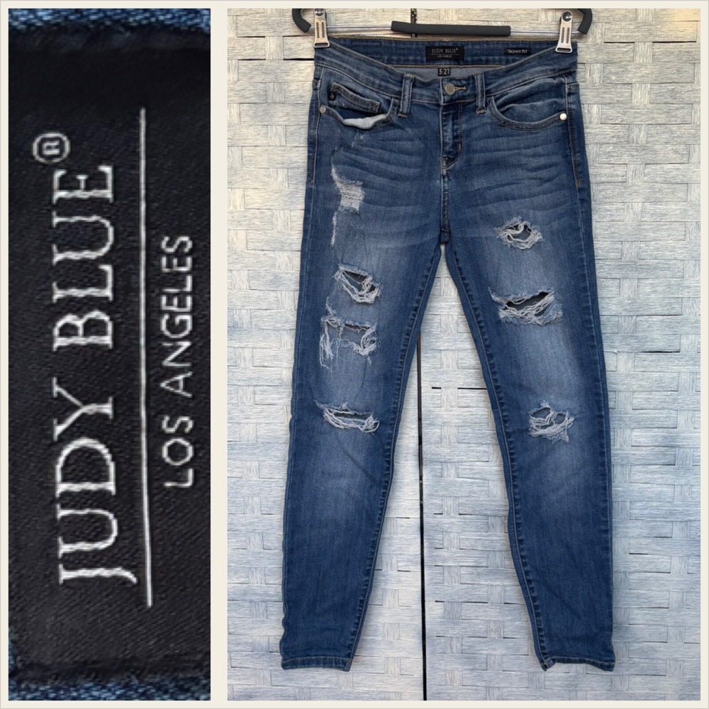 JUDY BLUE‎ Jeans 5/27 skinny Fit Distressed Dark wash Mid-Rise Blue Denim